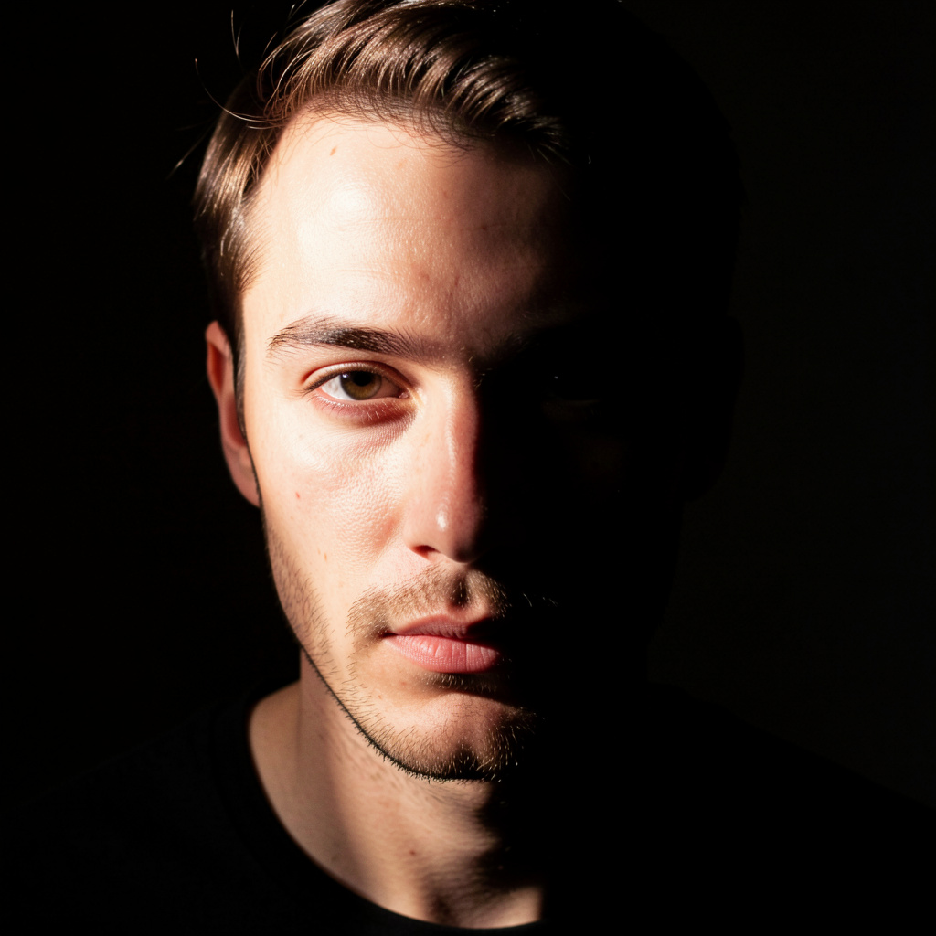 A portrait with dramatic split lighting — half the face brig