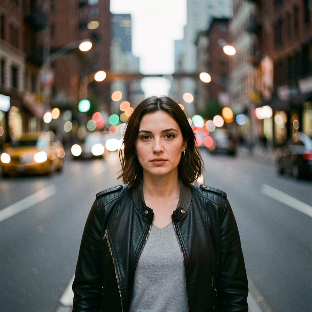 A street photograph with shallow depth of field as if shot a