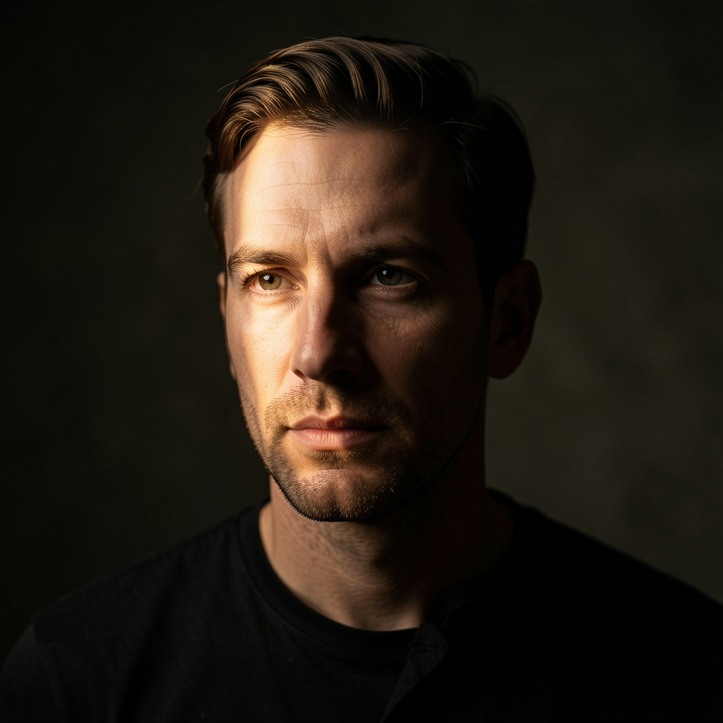 A portrait lit with classic Rembrandt lighting — triangle of
