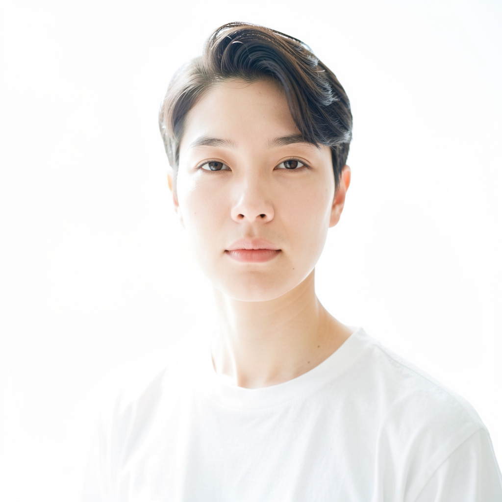 A high-key portrait of a person against a bright white backg