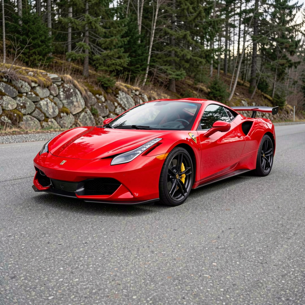 A bright red sports car parked on a gray asphalt road — the 
