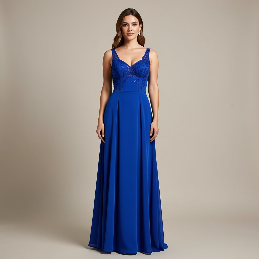 A woman wearing a royal blue evening dress against a neutral