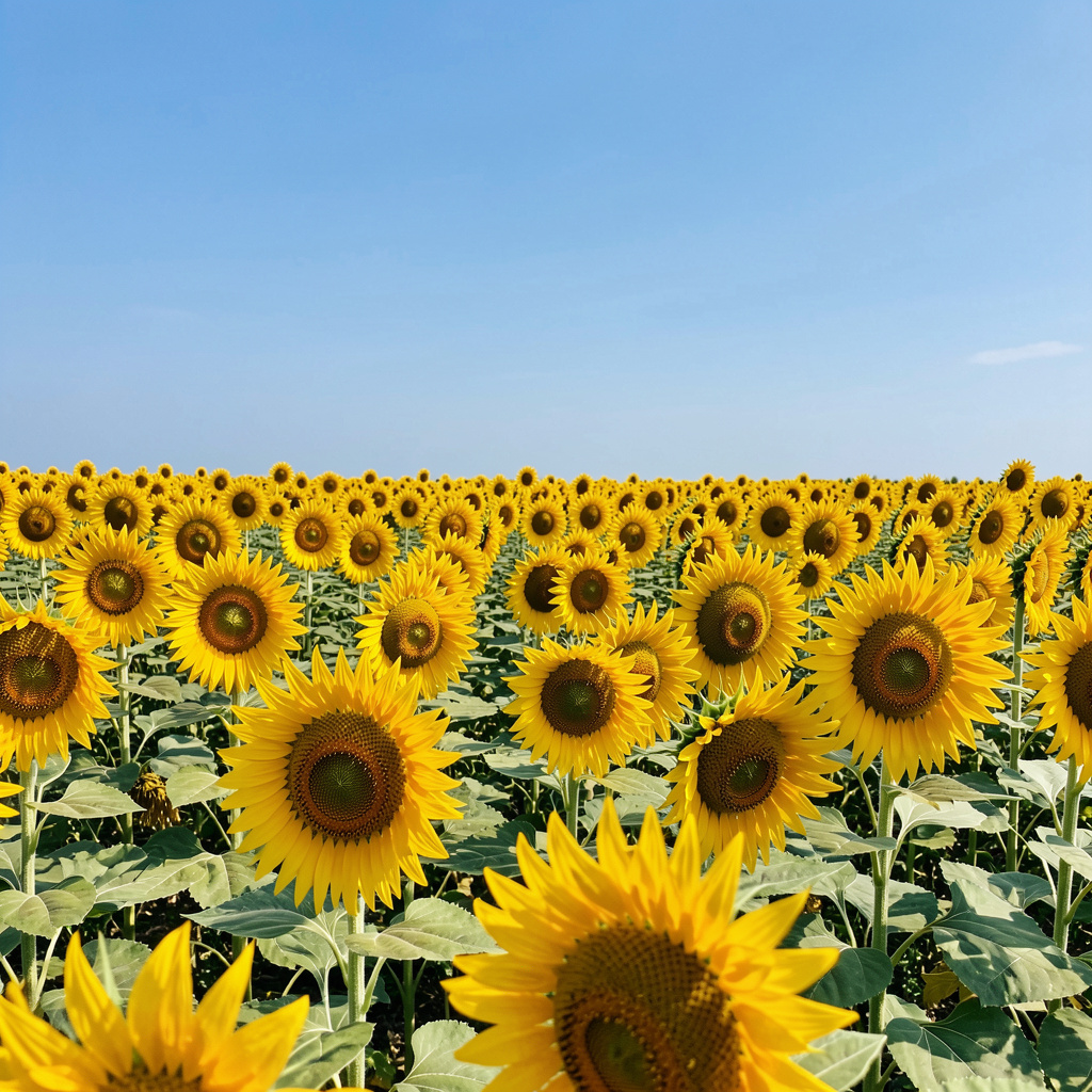 A field of pure sunflower yellow flowers under a clear blue 