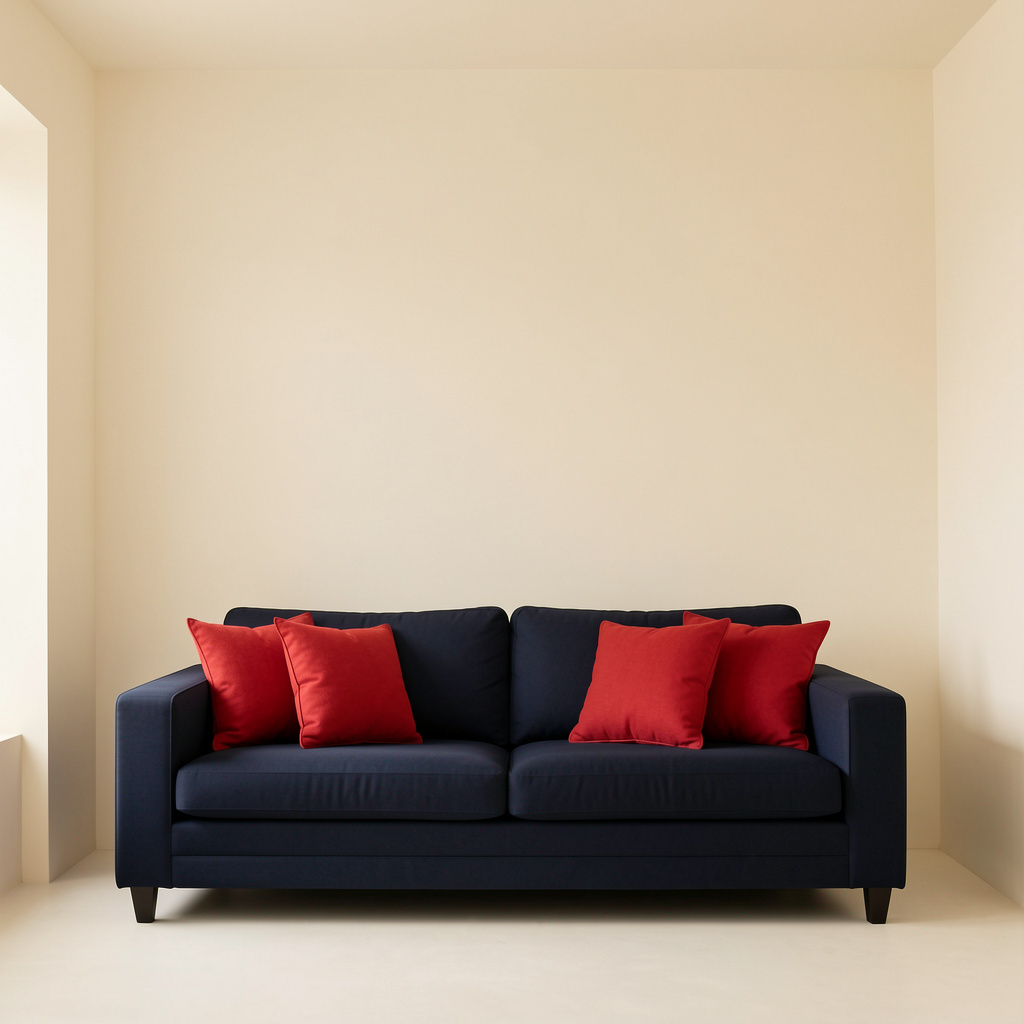 A minimalist room with walls in #F5E6CC (warm cream), a sofa