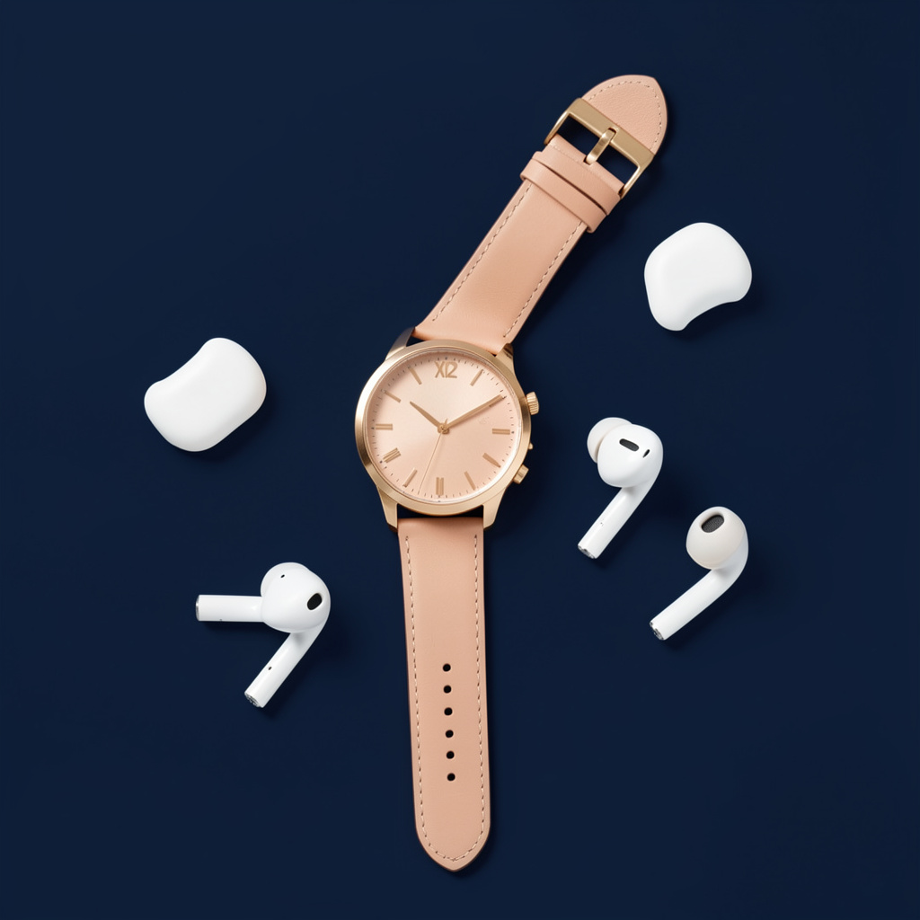 A product flat-lay on a #1A1A2E (deep dark blue) background,