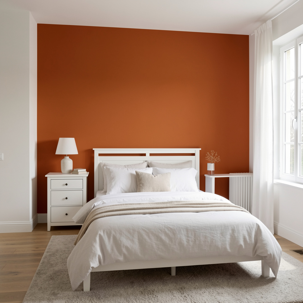 A bedroom wall painted in #FF6B35 (burnt orange) with white 