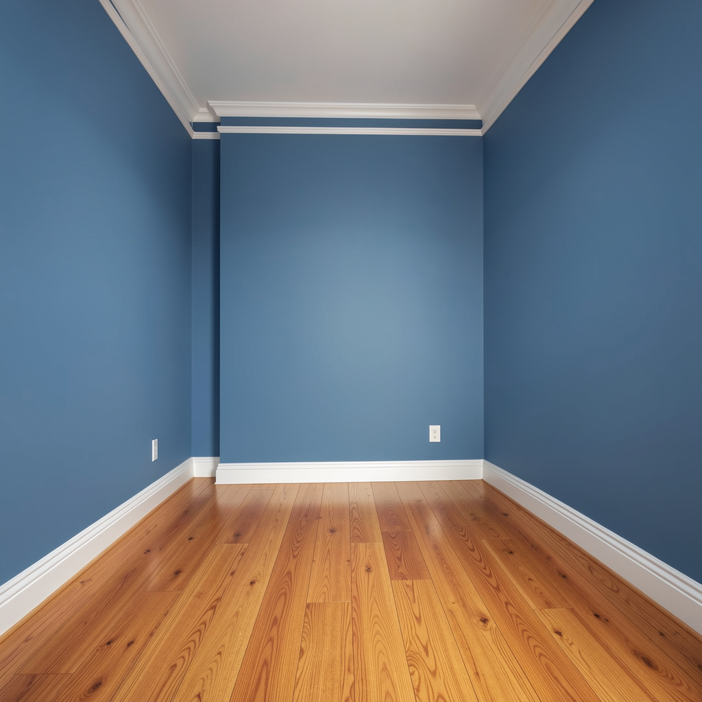 A room with walls in #4A90D9 (medium blue) with warm wooden 