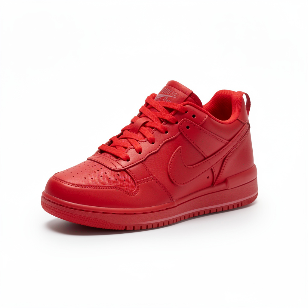 A single red sneaker on a clean white background with soft s