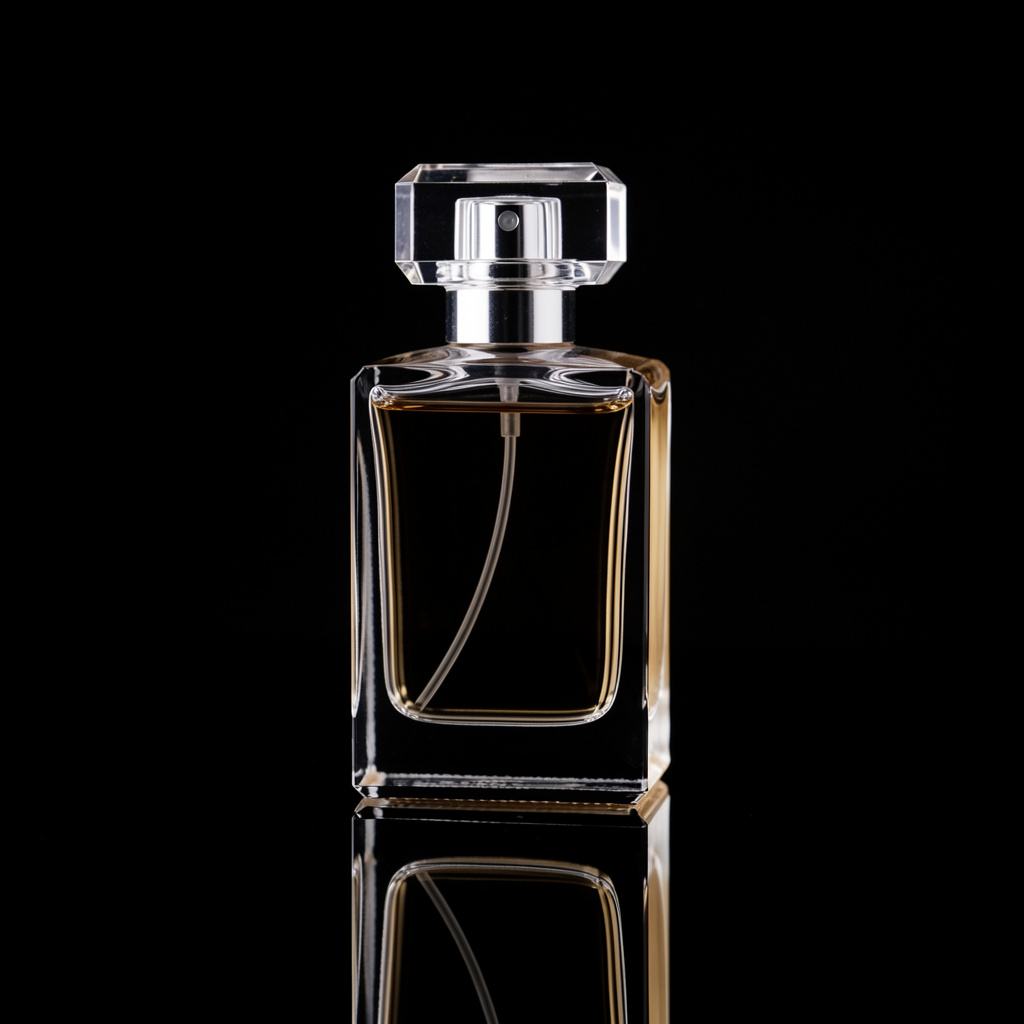 A clear glass perfume bottle on a reflective black surface w