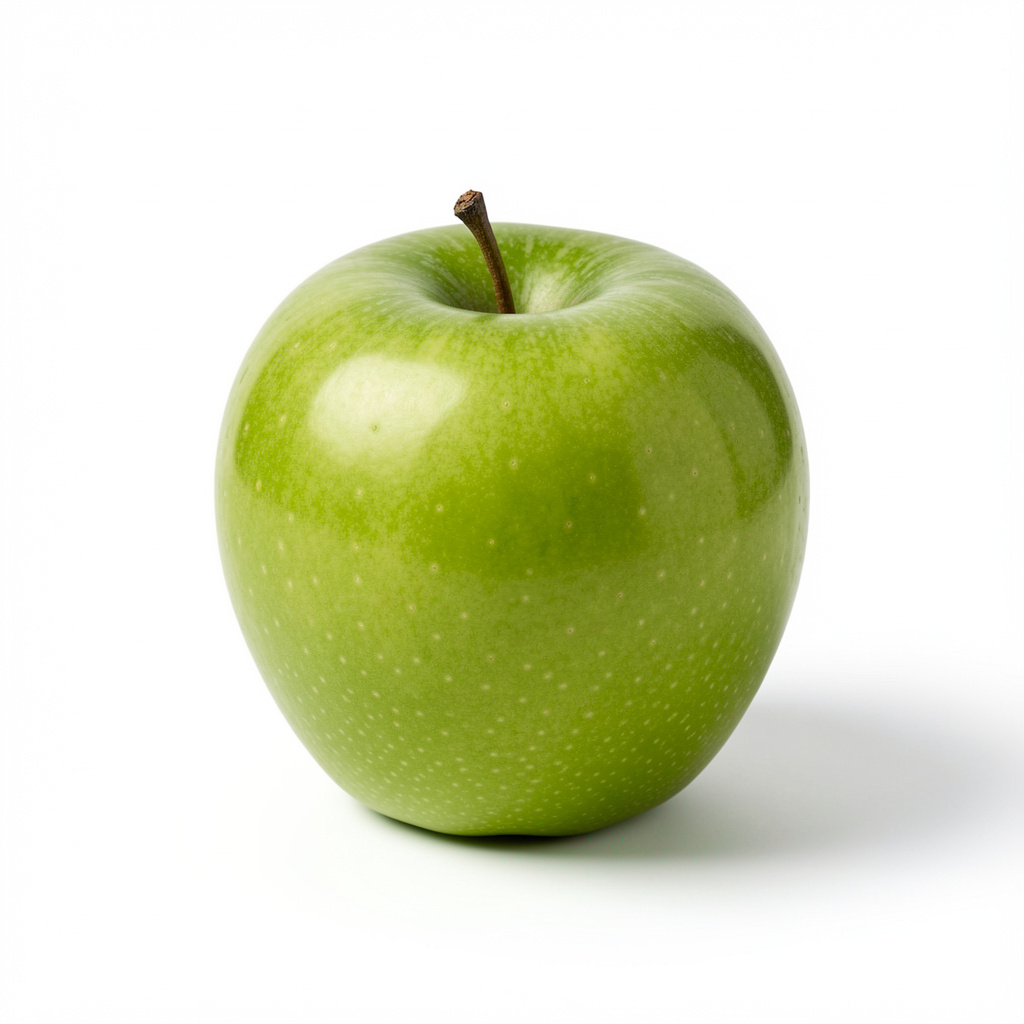 A ripe green apple on a seamless white background with soft 