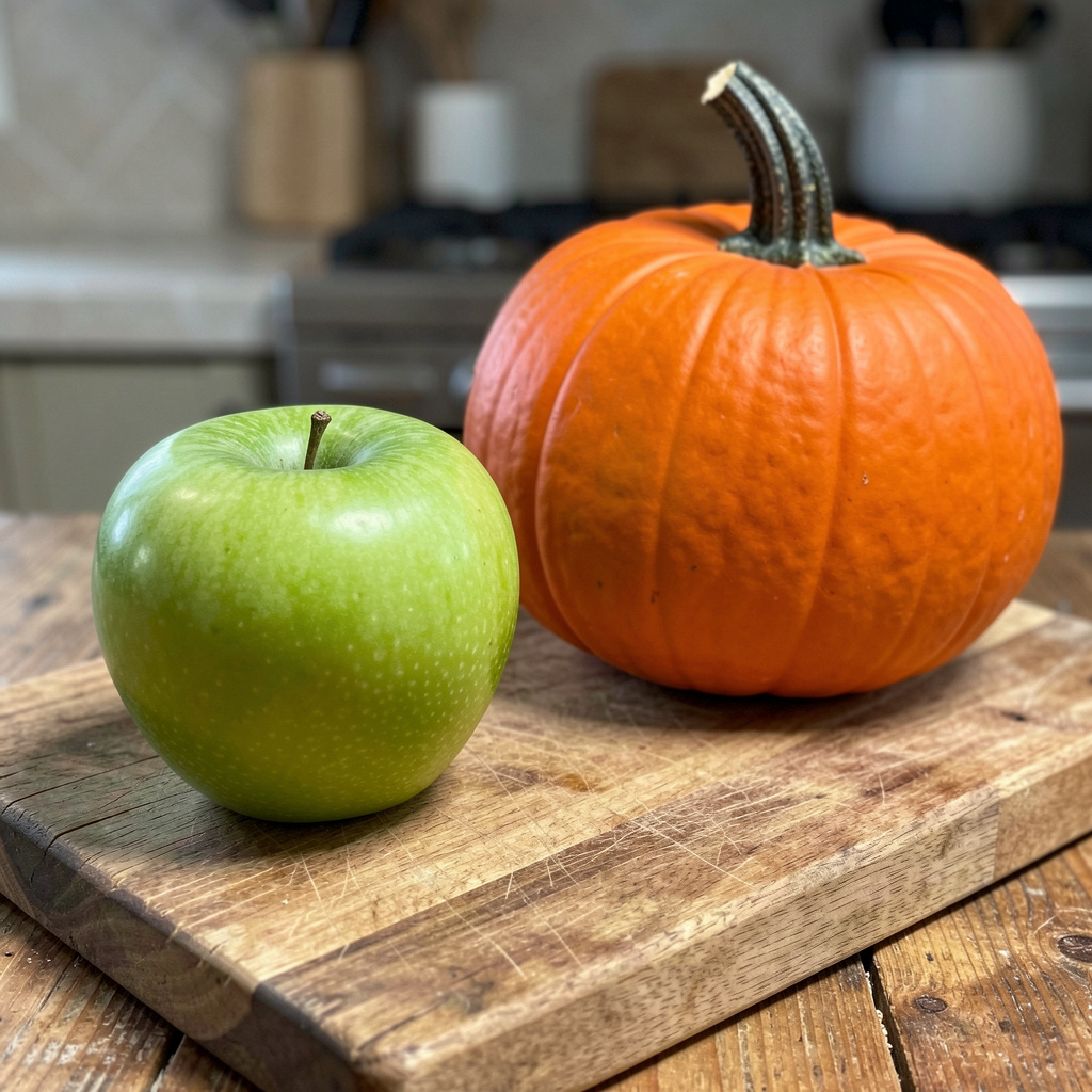 A green apple and an orange pumpkin on a wooden cutting boar