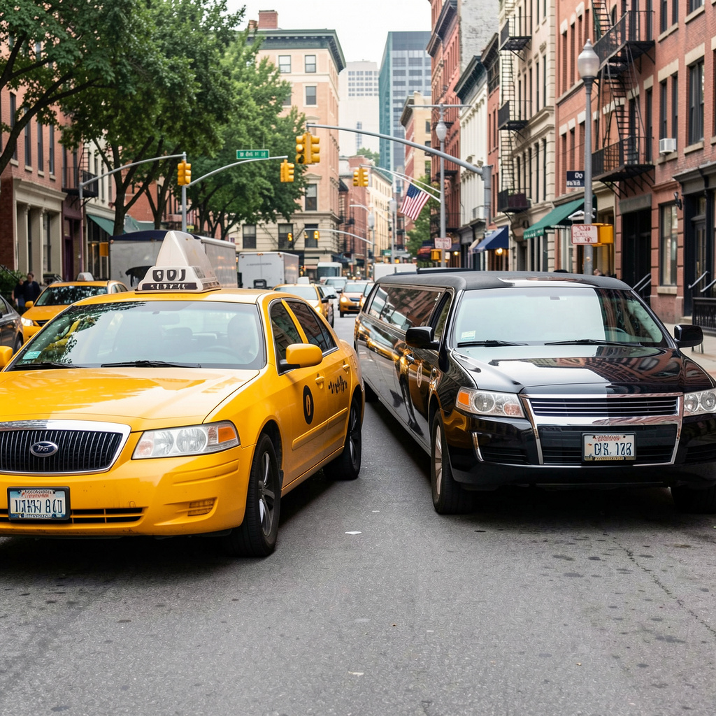 A yellow taxi and a black limousine parked next to each othe