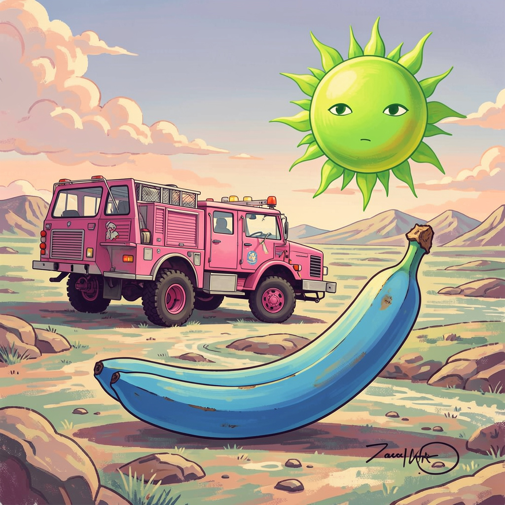 A pink fire truck, a blue banana, and a green sun in a surre