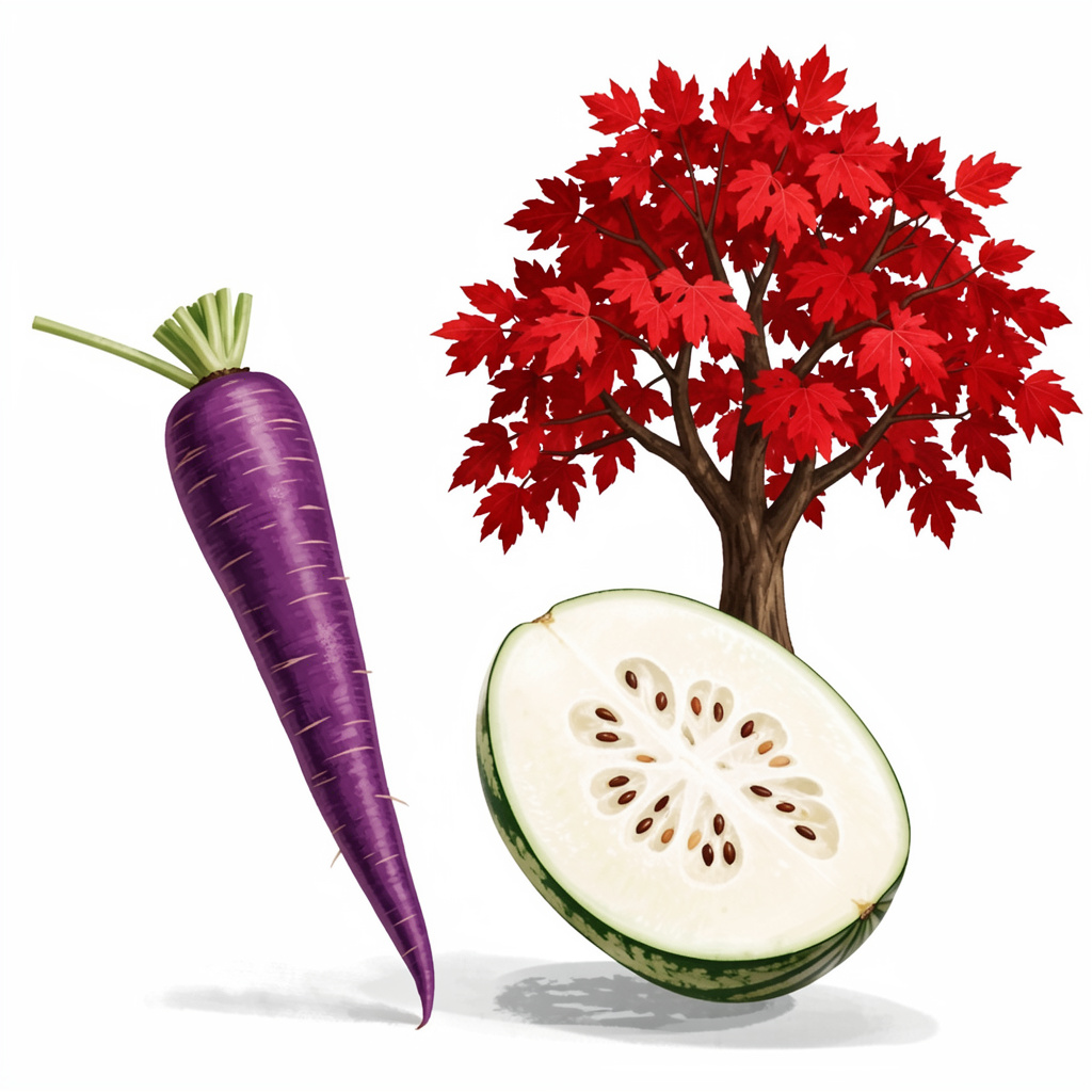 A purple carrot, a red tree with red leaves, and a white wat