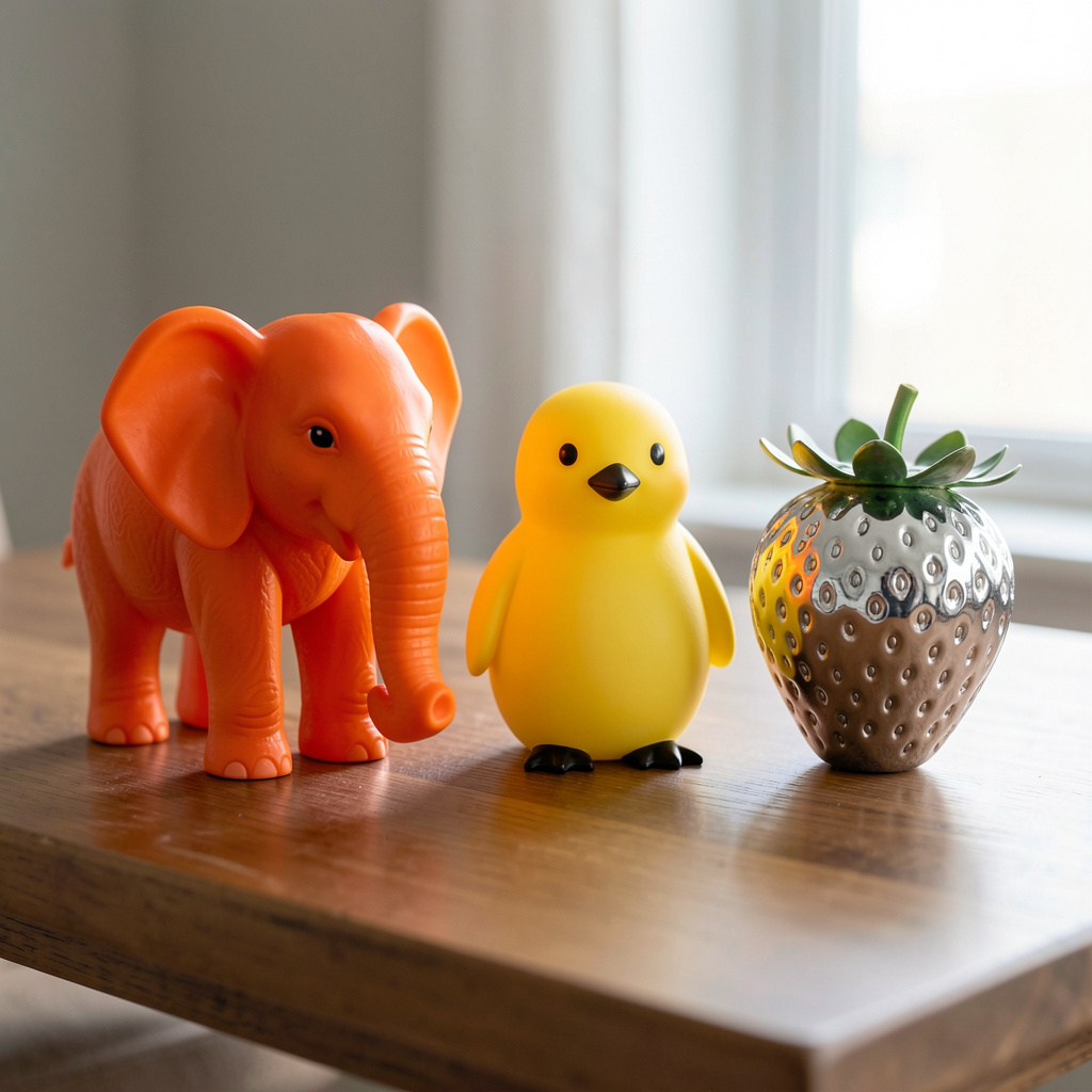 An orange elephant, a yellow penguin, and a silver strawberr