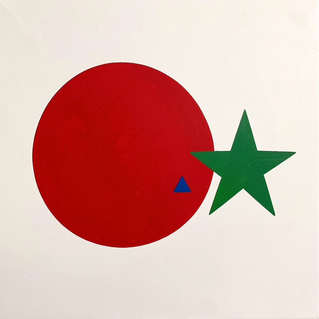 A large red circle, a small blue triangle, and a medium gree