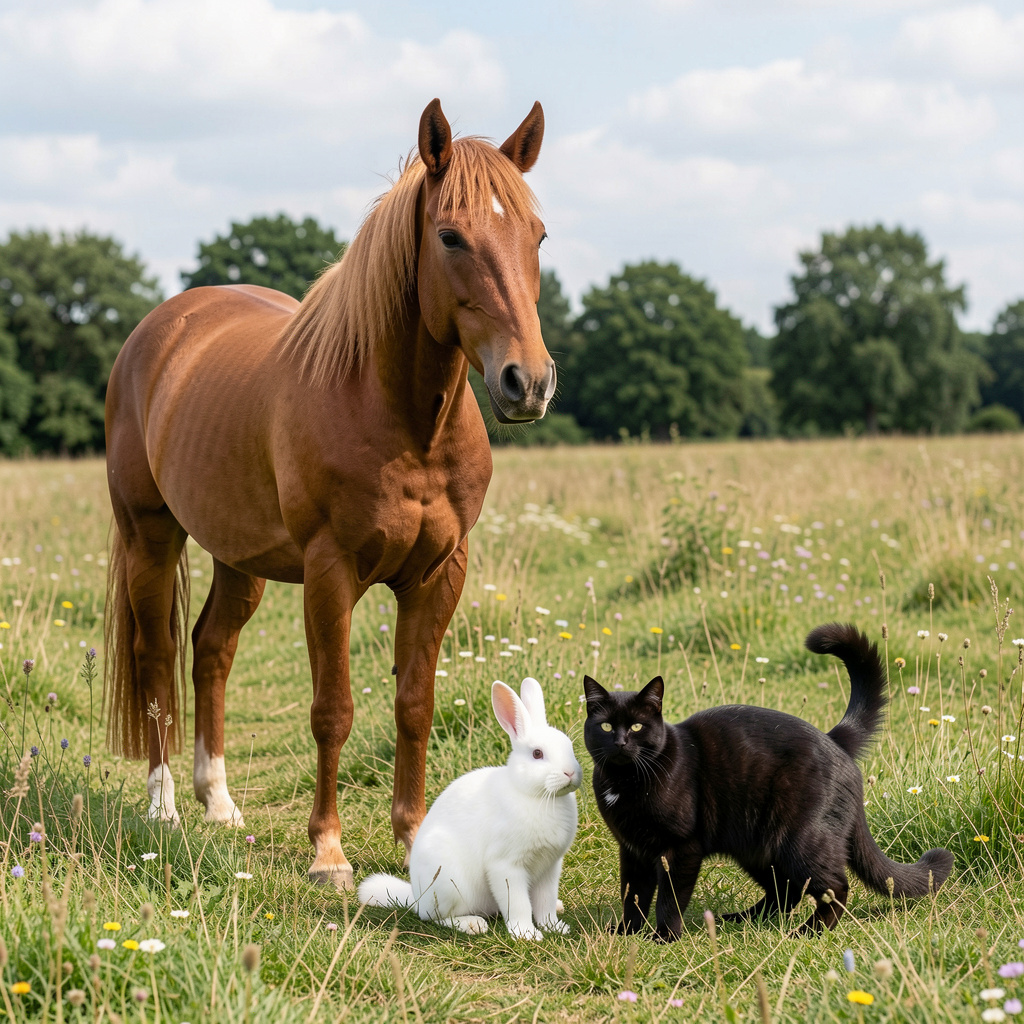 A big brown horse, a small white rabbit, and a medium-sized 
