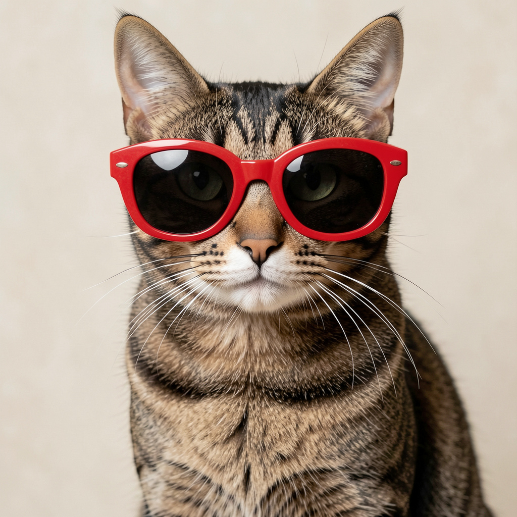 A tabby cat wearing oversized red sunglasses