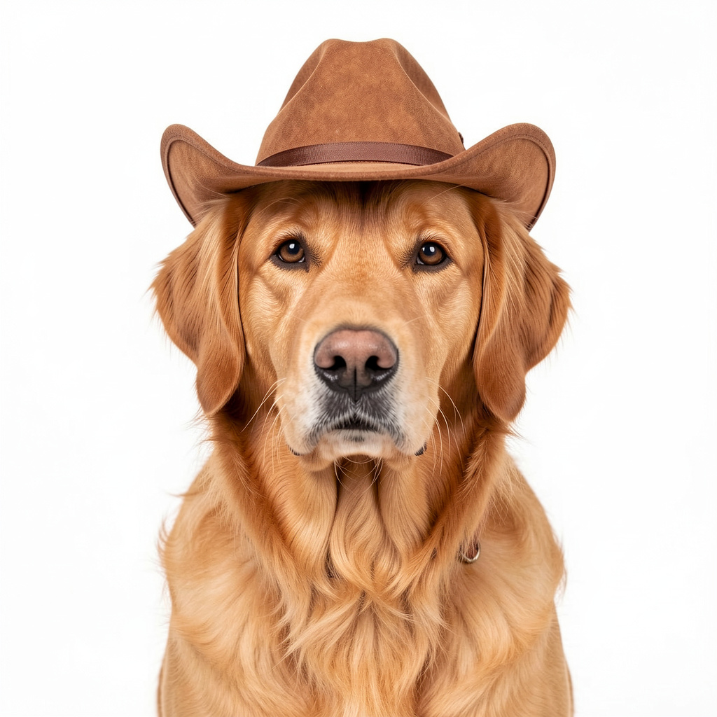 A golden retriever wearing a tiny cowboy hat