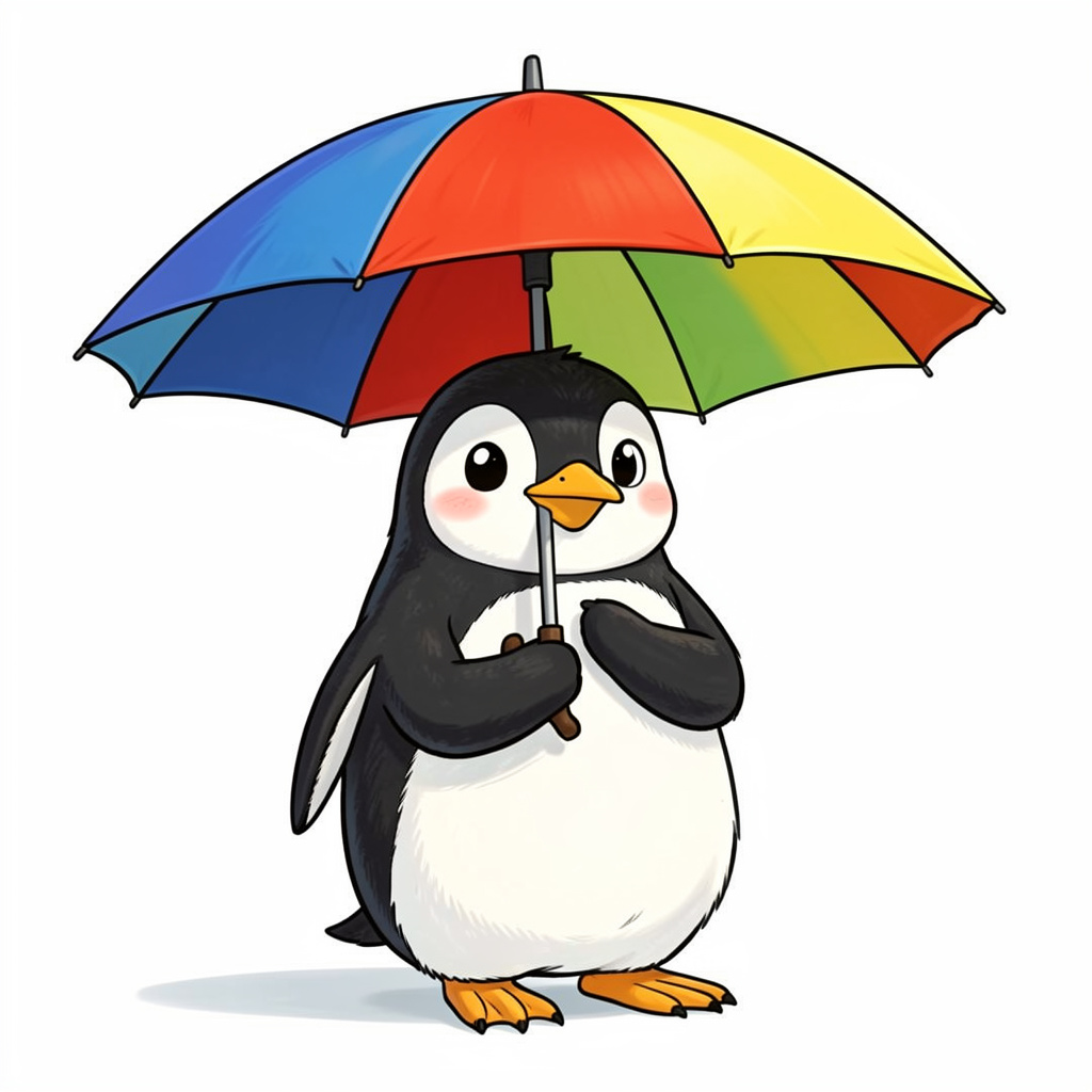 A penguin holding a colorful umbrella