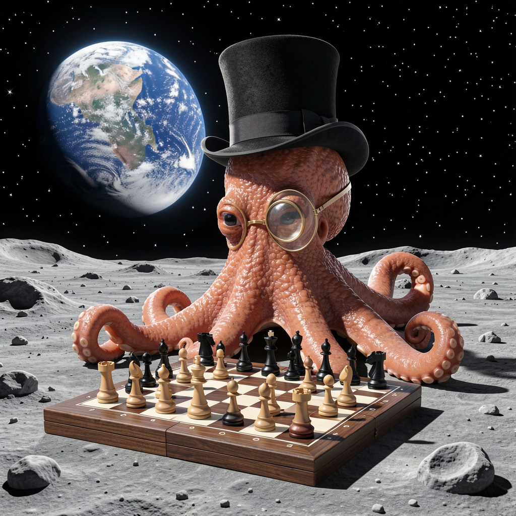 An octopus wearing a top hat and monocle playing chess on th