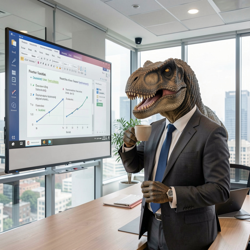A dinosaur in a business suit giving a PowerPoint presentati