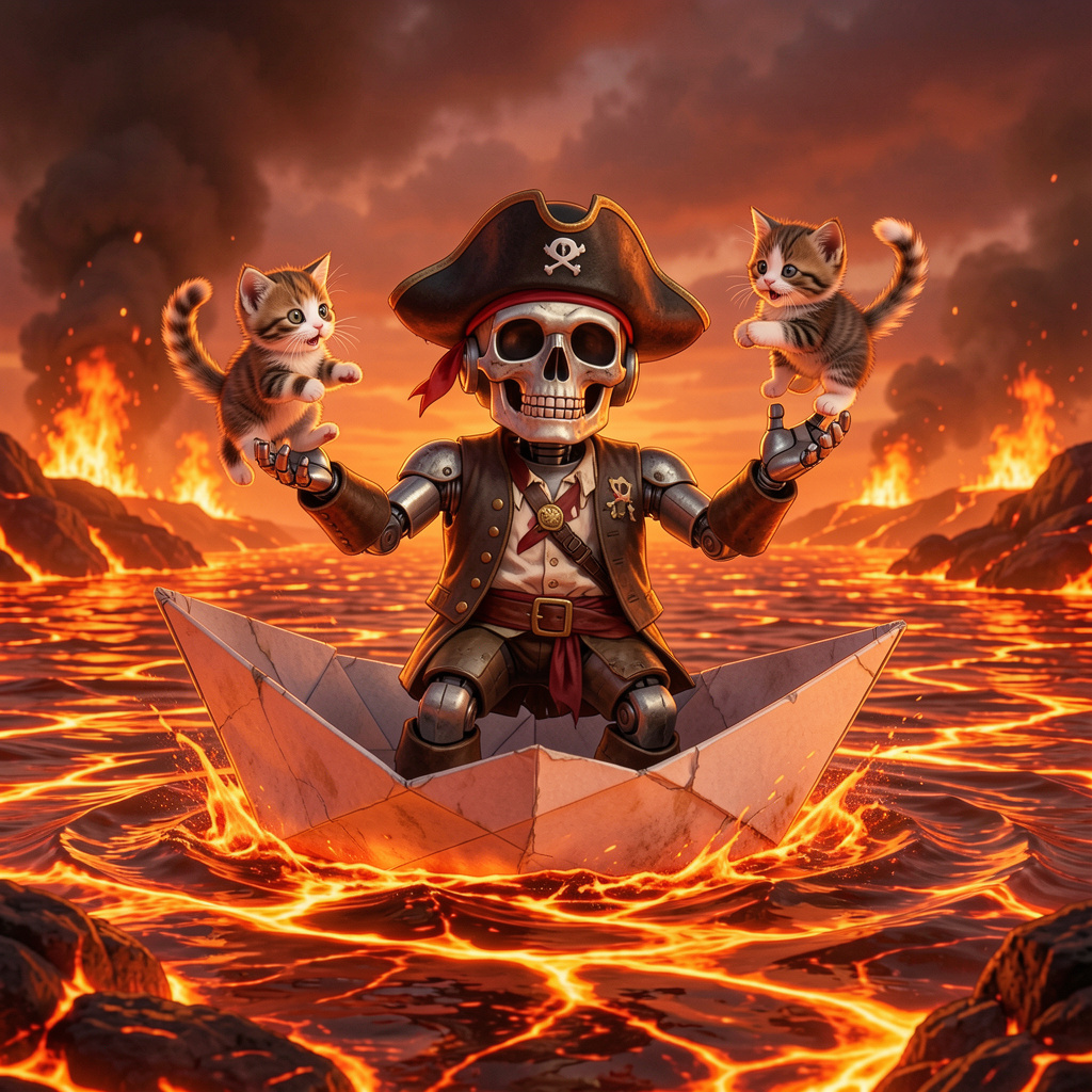 A robot dressed as a pirate sailing a paper boat on a lake o