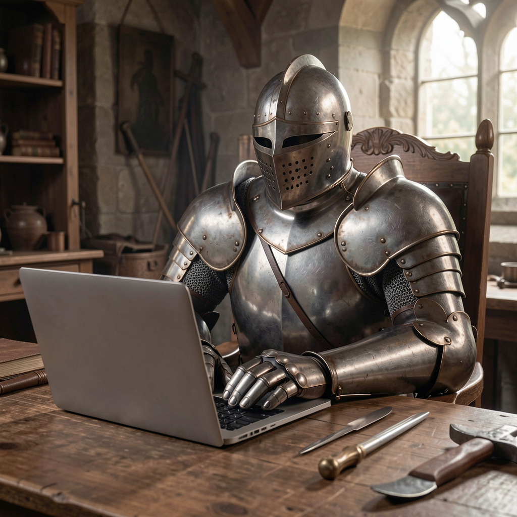 A medieval knight in full armor sitting at a desk typing on 