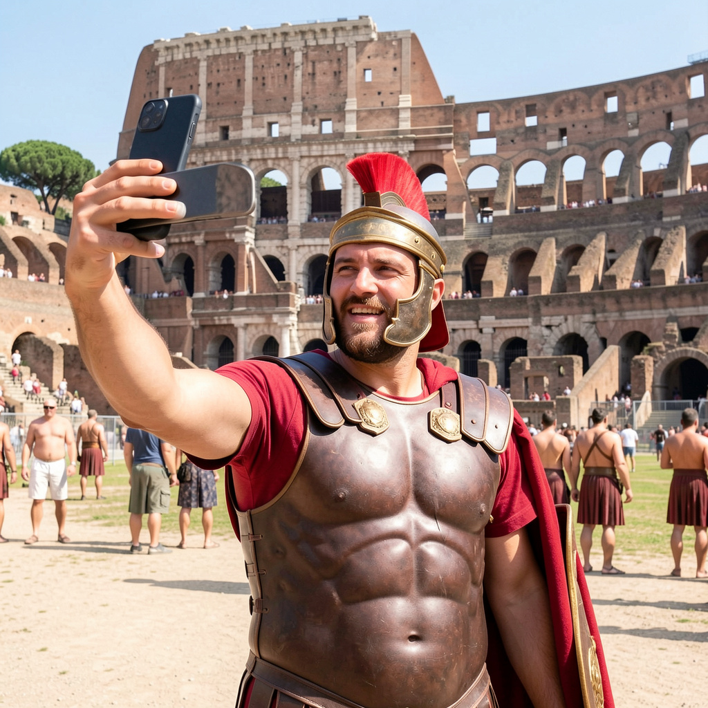 A Roman gladiator taking a selfie with a smartphone in the C