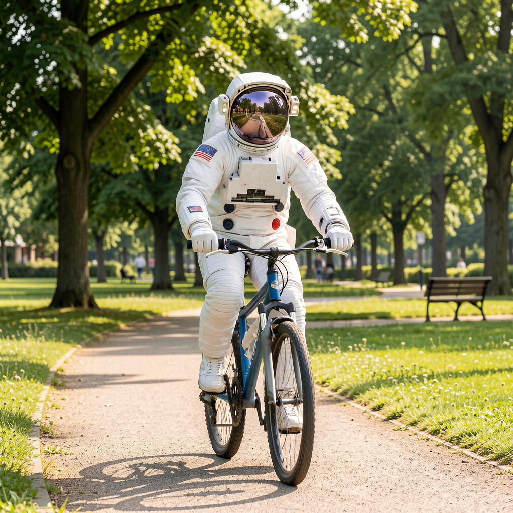 An astronaut in a spacesuit riding a bicycle through a park