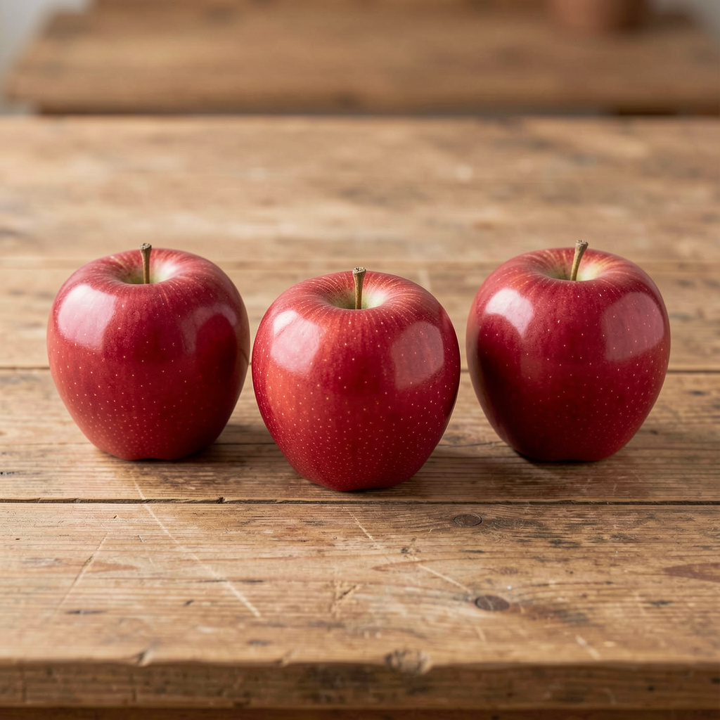 Exactly 3 red apples arranged on a wooden table