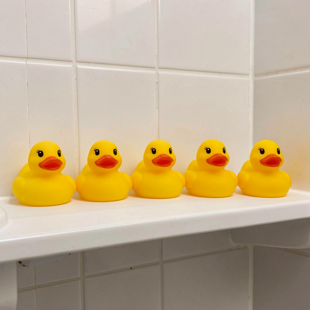 Exactly 5 yellow rubber ducks sitting in a row on a bathroom