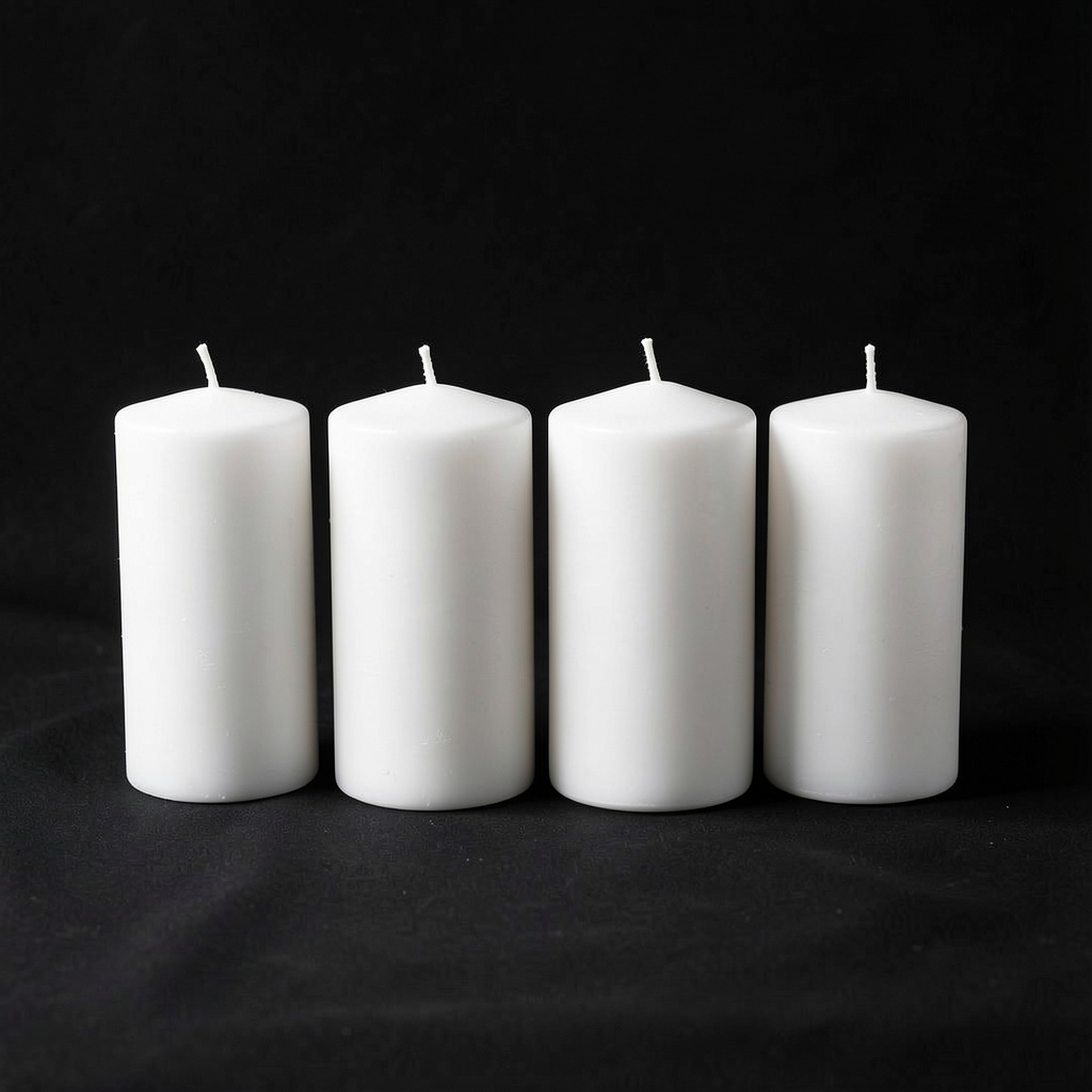 Exactly 4 white candles standing on a dark surface