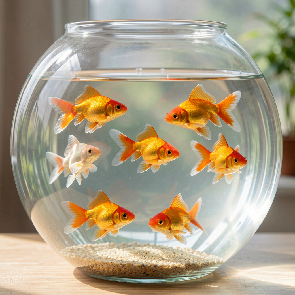 Exactly 9 goldfish swimming in a large round fishbowl