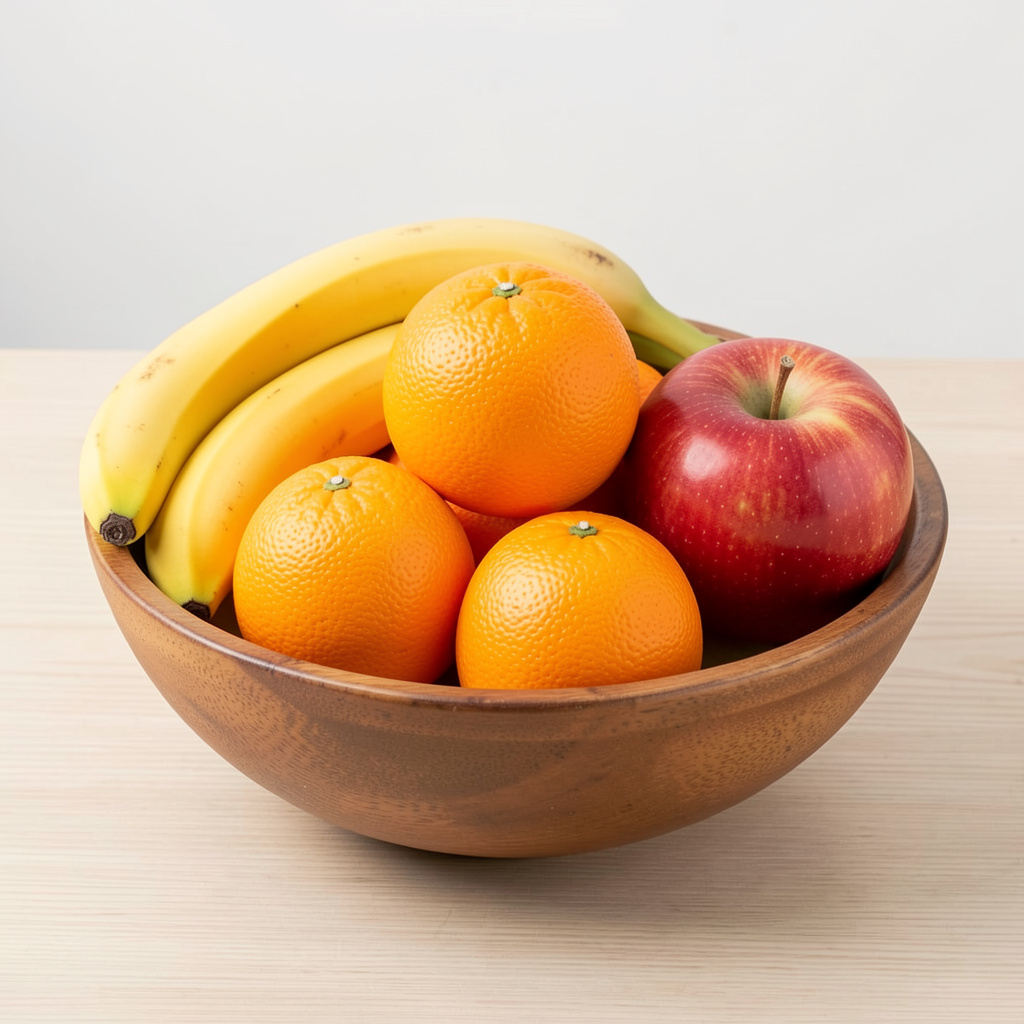 A fruit bowl containing exactly 3 bananas, 4 oranges, and 2 