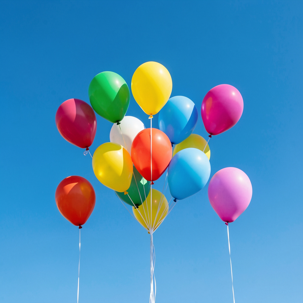 Exactly 11 colorful balloons floating against a clear blue s