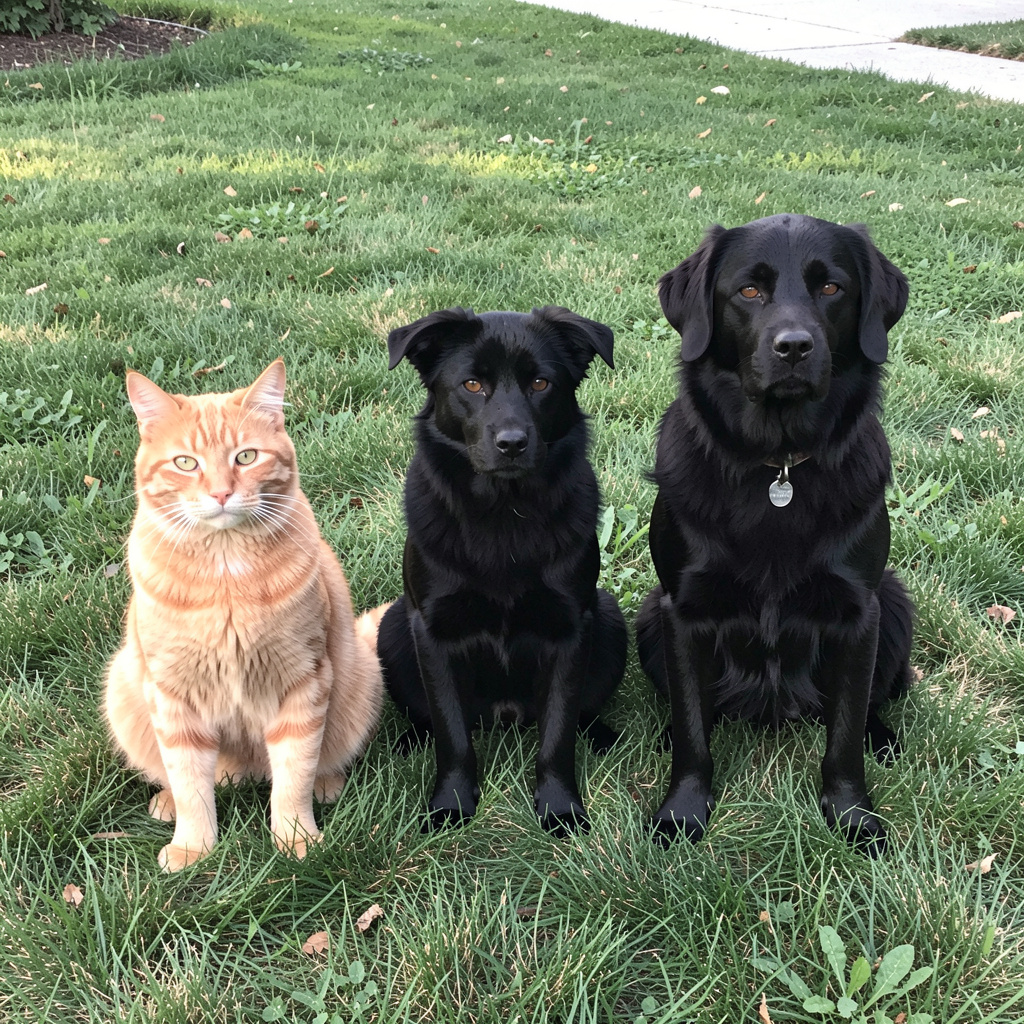 2 orange cats and 3 black dogs sitting together on a grassy 
