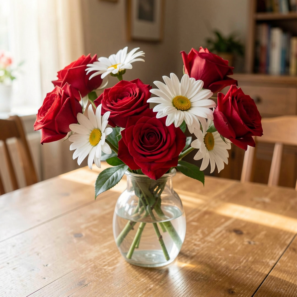 4 red roses and 2 white daisies in a glass vase on a table