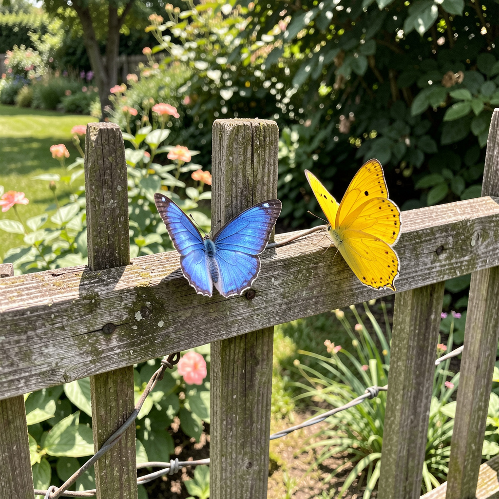 1 blue butterfly and 3 yellow butterflies resting on a garde