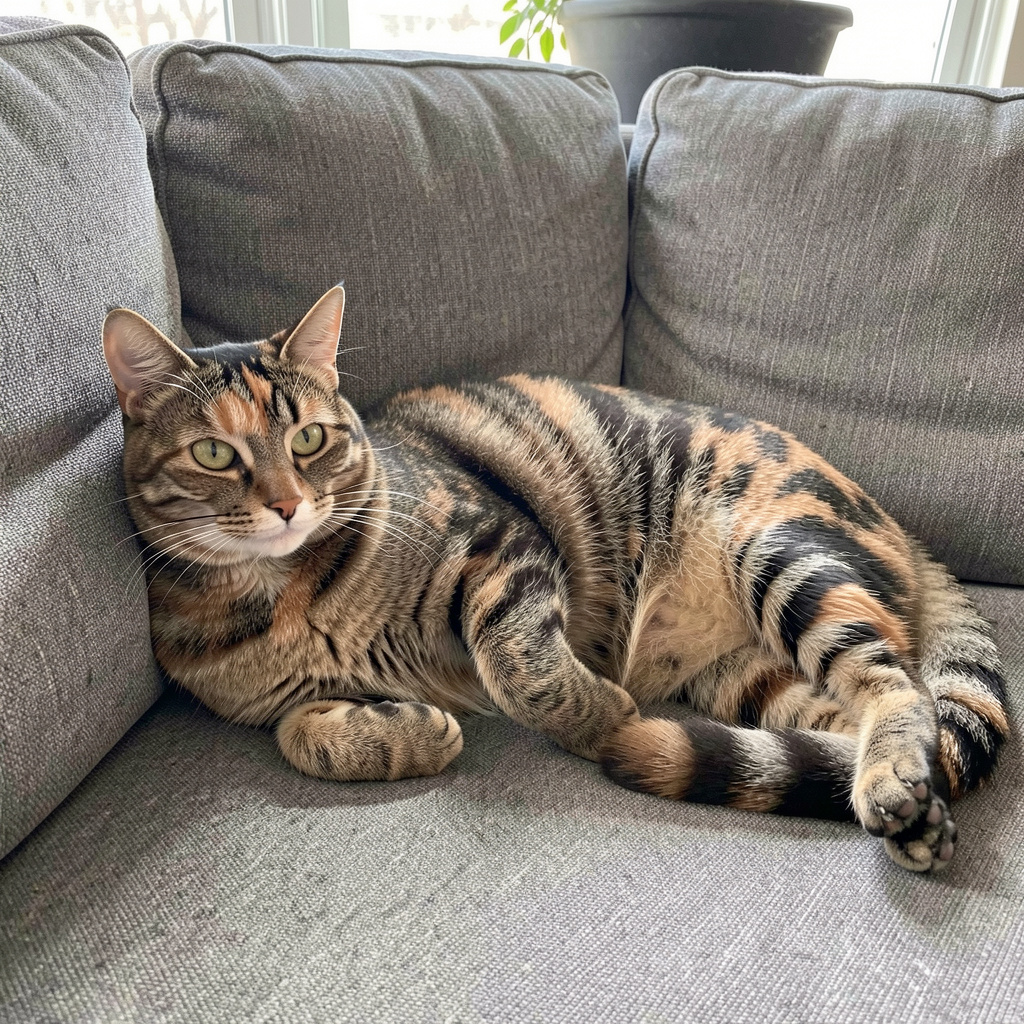 A cat lying on a couch without a collar
