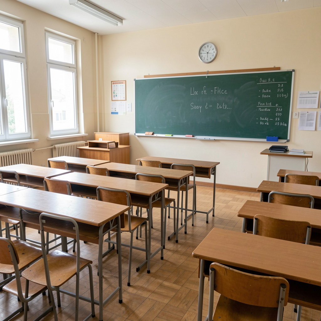A classroom with desks and a chalkboard but no students