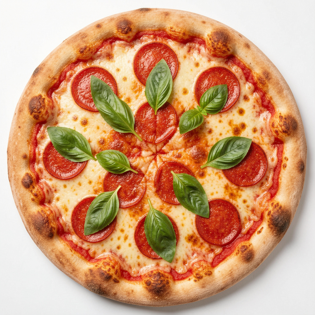 A pepperoni pizza with tomato sauce, basil, and crust but ab