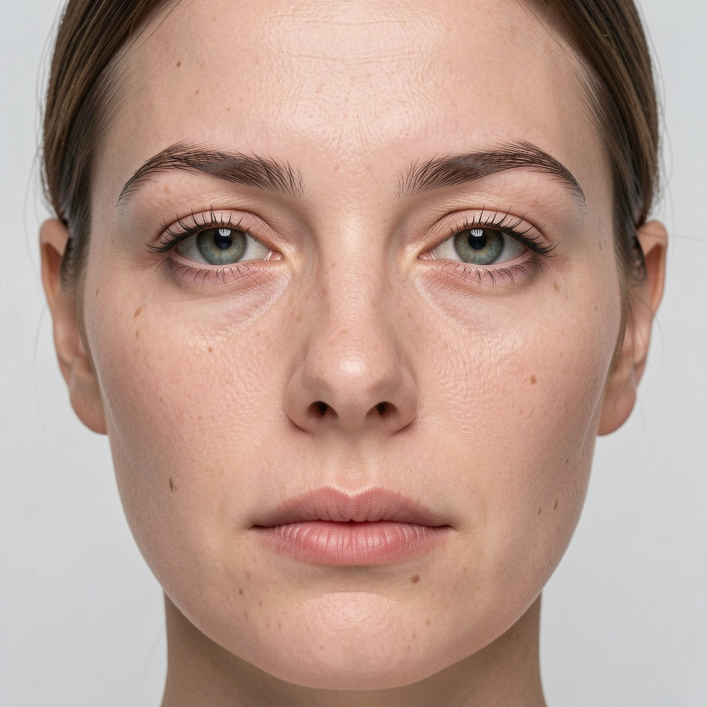 A human face with eyes, nose, and mouth but no eyebrows