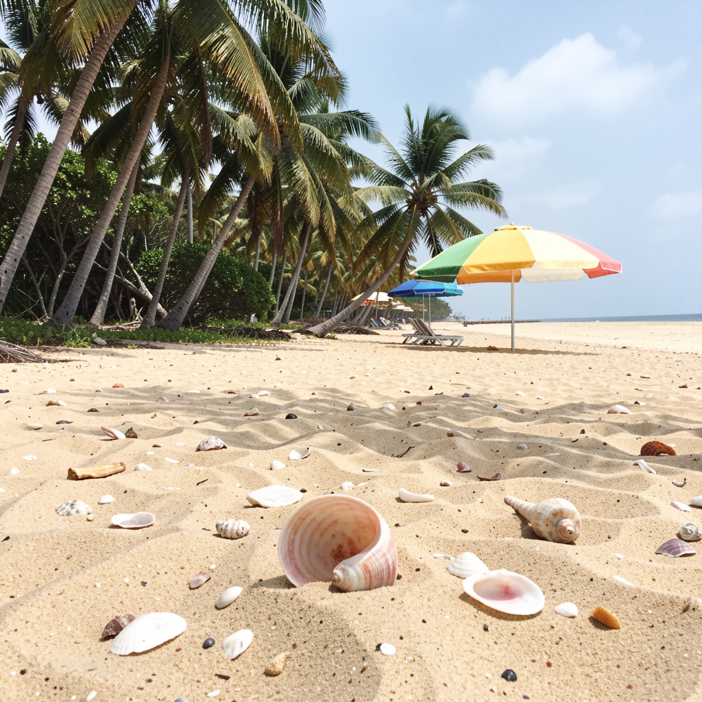 A sandy beach with palm trees, seashells, and a beach umbrel