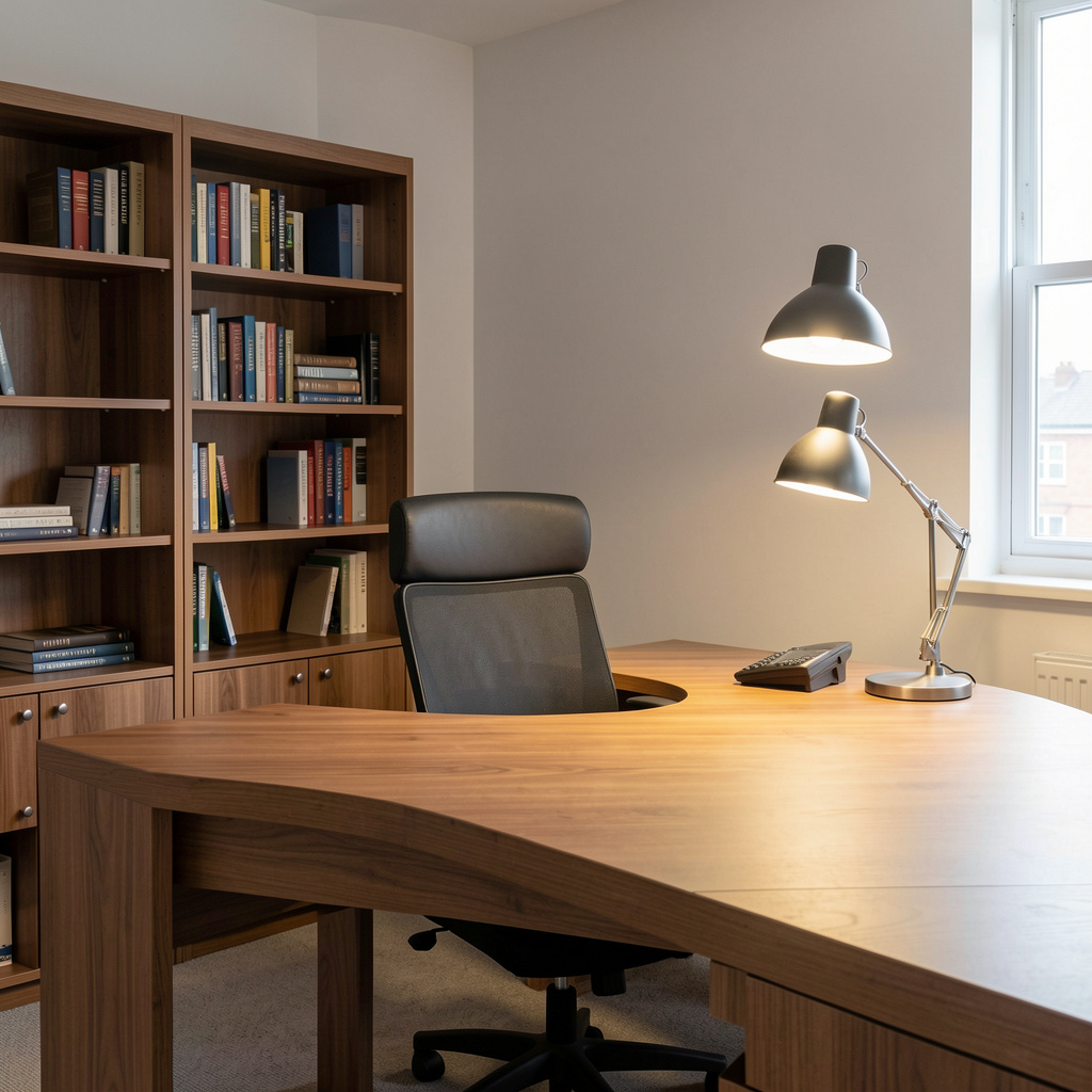 An office workspace with a desk, chair, bookshelf, and lamp 