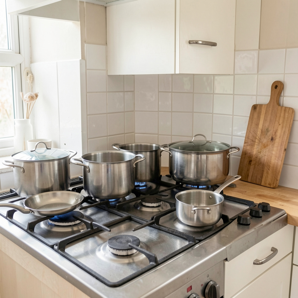 A kitchen with pots, pans, a stove, and a cutting board but 