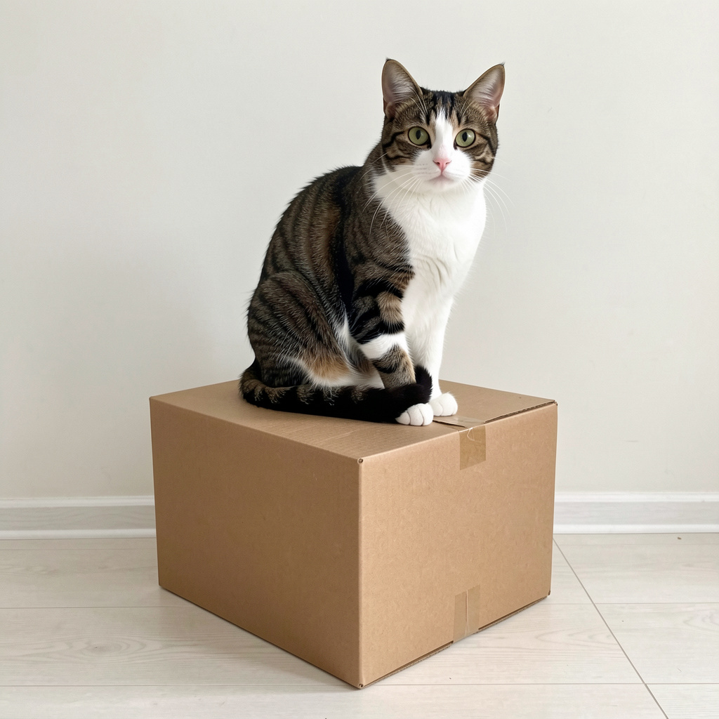 A cat sitting on top of a cardboard box