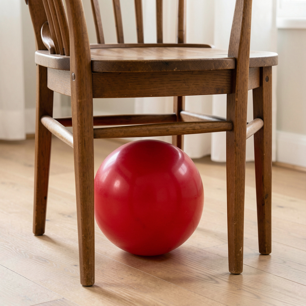 A red ball underneath a wooden chair