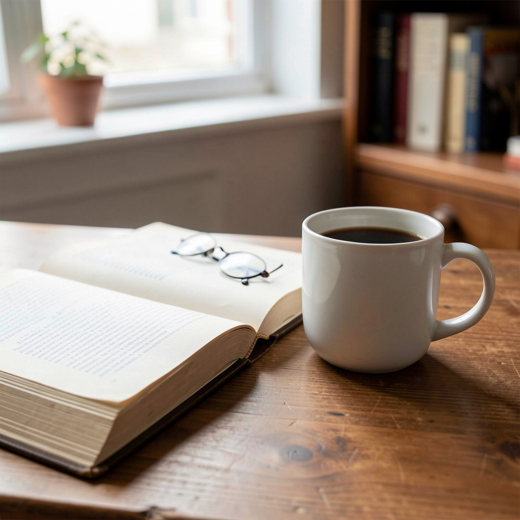 A coffee mug next to an open book on a desk