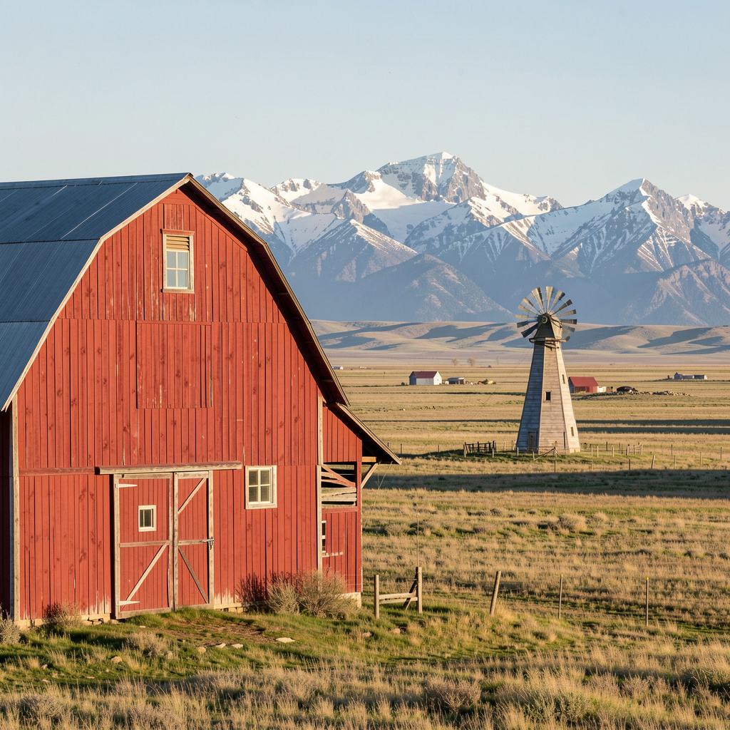 A landscape with a red barn in the foreground at large scale